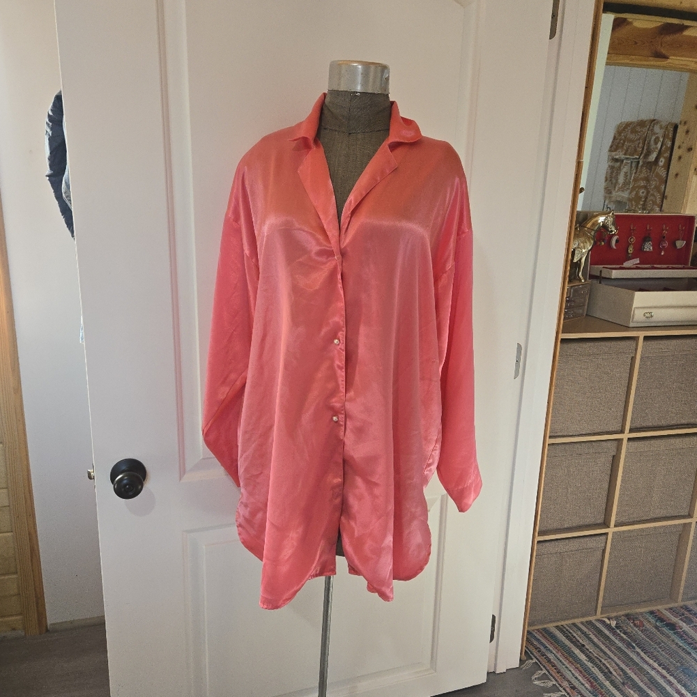 Vintage Gold Label Victoria's Secret Vibrant Pink Satin Sleep Shirt, SIZE M/L